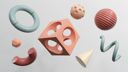 Poster - Abstract geometric shapes in different colors - 3d render. Set, composition in bright and pastel colors from objects, figures, primitives. Minimal banner, background for presentation and advertising. 
