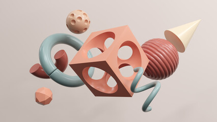 Poster - Abstract geometric shapes in different colors - 3d render. Set, composition in bright and pastel colors from objects, figures, primitives. Minimal banner, background for presentation and advertising. 