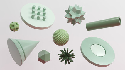 Poster - Abstract geometric shapes in different colors - 3d render. Set, composition in bright and pastel colors from objects, figures, primitives. Minimal banner, background for presentation and advertising. 