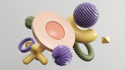 Poster - Abstract geometric shapes in different colors - 3d render. Set, composition in bright and pastel colors from objects, figures, primitives. Minimal banner, background for presentation and advertising. 
