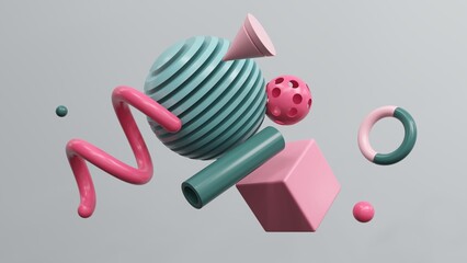 Poster - Abstract geometric shapes in different colors - 3d render. Set, composition in bright and pastel colors from objects, figures, primitives. Minimal banner, background for presentation and advertising. 