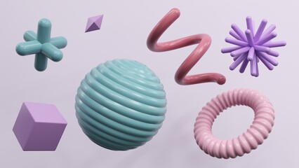 Poster - Abstract geometric shapes in different colors - 3d render. Set, composition in bright and pastel colors from objects, figures, primitives. Minimal banner, background for presentation and advertising. 