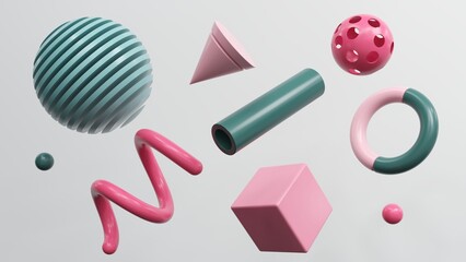 Poster - Abstract geometric shapes in different colors - 3d render. Set, composition in bright and pastel colors from objects, figures, primitives. Minimal banner, background for presentation and advertising. 