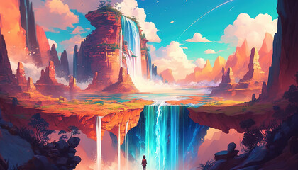 Wall Mural - a person thinking about life in a impressive epic surreal landscape with a lot of waterfalls, generative ai technolgy
