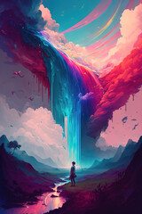 Wall Mural - a colored waterfall falling down from the sky into a little river, lonely person, generative ai technolgy