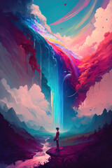 Wall Mural - a lonely young boy is standing in front of a surreal waterfall and a little river, thinking about life, generative ai technolgy