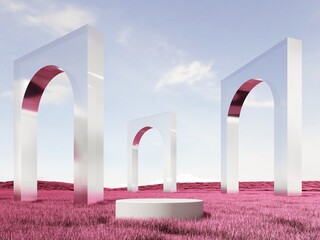 Wall Mural - Surreal landscape with pink grass against a blue sky with clouds - 3d render. Fantasy world, futuristic fantasy image. Podium, display on the background of abstract mirror shapes and objects.