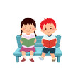 Vector cartoon boy and girl reading books on the bench