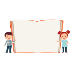 Canvas Print - Vector cartoon boy and girl with empty opened book background