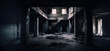 Inside a dark and dim abandoned house or small building. Dark and dim remains or ruins of a concrete and brick architecture, after some burning or explosion.  abstract background. Generative AI.