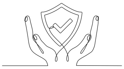 Wall Mural - Hands holding shield badge continuous line drawing. Approval check guard sign. Protect linear symbol. Vector illustration isolated on white.