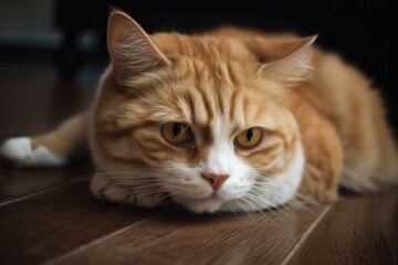 Canvas Print - Close up of a lovely cat lying on the floor. Generative AI