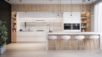 Wall Mural - Modern minimal kitchen with white cabinets, generative ai