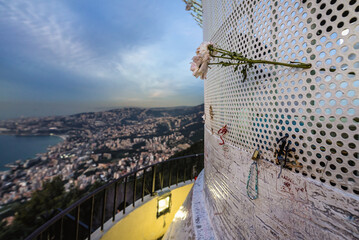 view from statue in marian shrine of our lady of lebanon in harissa town, lebanon