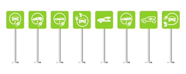 set of road signs with car charging station. place for electric vehicle. eco parking with socket. gr