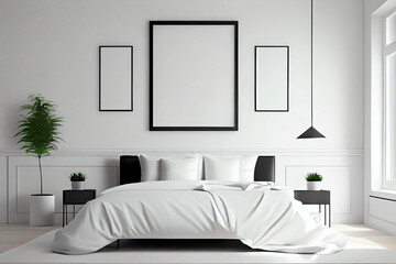 Wall Mural - Frame mockup in interior. Cozy bedroom with empty poster frame. AI Generated
