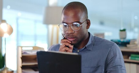 Wall Mural - Thinking, tablet and serious black man in office for web design ideas, brainstorming and contemplation. Technology, corporate and male worker on digital tech for research, online project and strategy