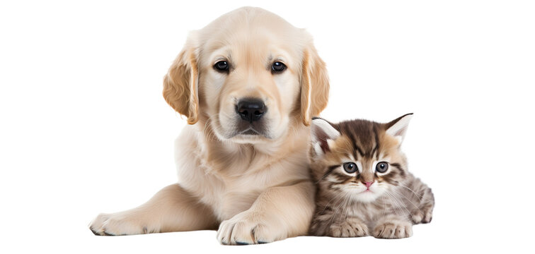 golden retriever puppy and cute kitten lie together. isolated on transparent background. png. two pu