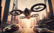 Futuristic battery-powered eVTOL air taxi flying over the traffic in the city. Sustainable electric flying car concept and Urban Air Mobility aircraft.