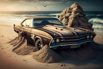 Wall Mural - a fast muscle car churns up sand in a desert created with generative ai technology.