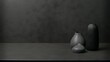 © DezNook - 3d rendering. Dark modern minimal countertop mockup design. Copy space for product presentation. Empty black background. Black anthracite vases and wall. Elegant interior