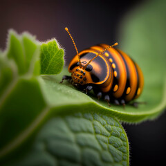 Colorado potato beetle larva on potato leaf, ai generation