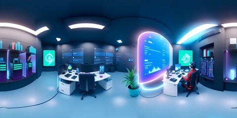 Photo of a modern office with a futuristic design and neon lighting