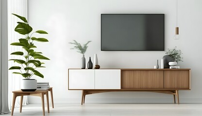 smart tv on large white wall mock up, mid century modern living room interior, with credenza sideboa