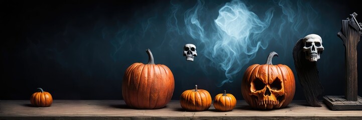 Wall Mural - Scary black skull and pumpkins on wooden floor with foggy background Generative AI