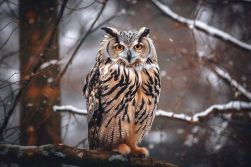 Wall Mural - In the snow, a majestic eagle owl perches on a branch. Generative AI