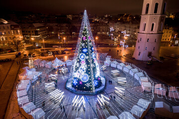 Wall Mural - Christmas Tree in Vilnius, Lithuania. One of the best and beautiful Christmas City in Europe. Vilnius Old Town, Downtown.