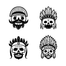 Cute Anime Skull Head Wearing Indian Chief Accessories Collection Set Hand Drawn Illustration