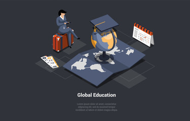 Wall Mural - Global Education And Online E-Learning Concept. Girl Student Passed Exam And Go On Vacations. Woman Sitting On Suitcase And Searching Tickets For Vacations. Isometric 3d Cartoon Vector Illustration