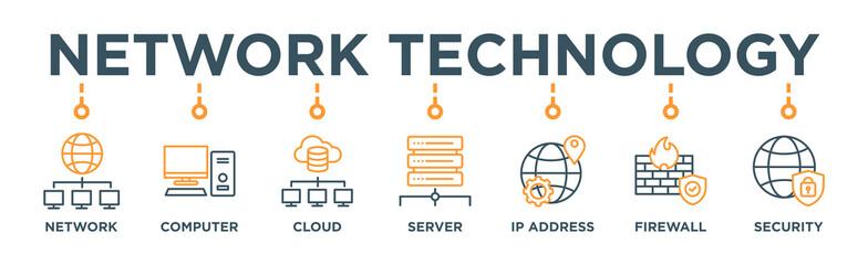 Network technology banner web icon vector illustration concept with icon of network, computer, cloud, server, ip address, firewalland security