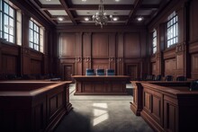 Courtroom Interior. Empty Courthouse Room Interior. Law And Justice Concept. Generative AI