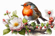 Watercolor painting of a robin redbreast sitting on a blooming twig. Beautiful artistic animal portrait for art print, greeting card, springtime concepts. Made with generative AI.