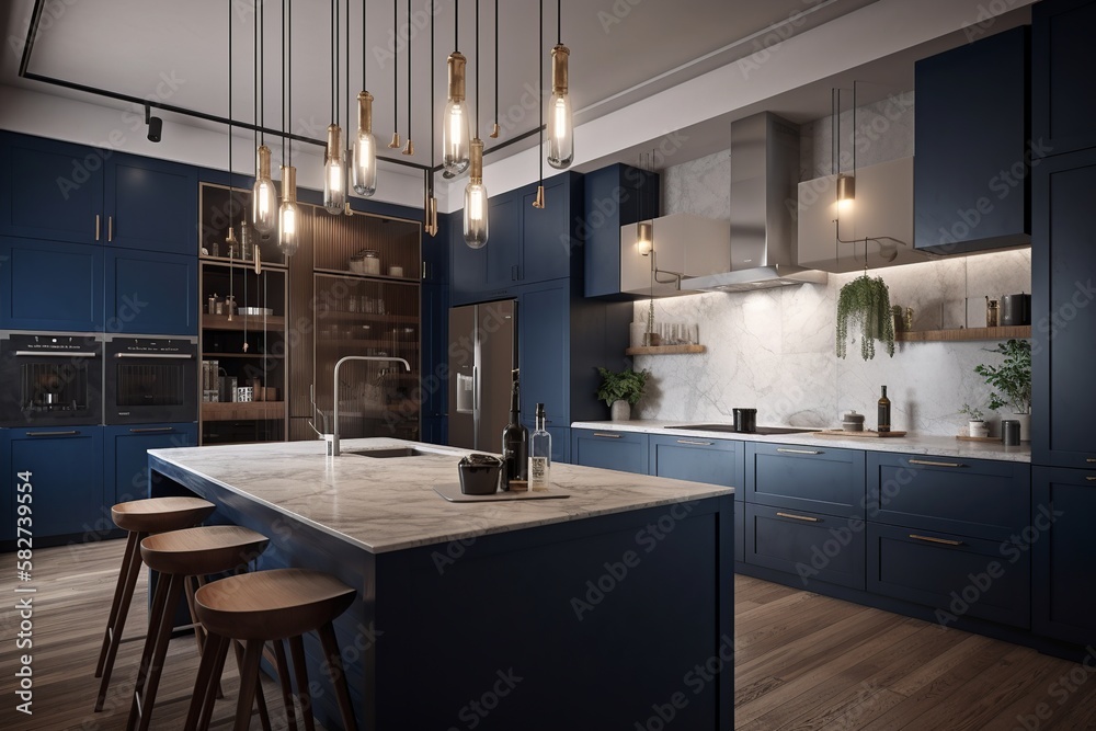 A sleek and modern kitchen with white marble countertops, navy blue ...