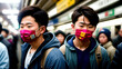 A Japanese Young Men Wearing Face Mask Commute Through a Crowded and Colorful Tokyo Subway Station Generative AI Photo