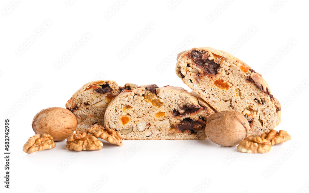 Delicious biscotti cookies and walnuts isolated on white background