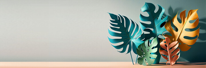 Wall Mural - Still life pastel monstera leaves on clean background, Generative AI