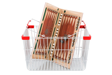 Poster - Backgammon, board game inside shopping basket, 3D rendering