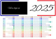 Calendrier sympa 2025 12 mois français avec jours fériés et drapeau français pour entreprise française, coloré et original, avec calque pour zone logo. Format Ai et EPS