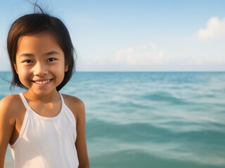 Sticker - Portrait of cute Asian child girl on the beach. Generative AI