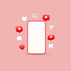 Wall Mural - social media background. social network icons with smartphone and modern heart like speech bubble , notification icons, like, comment, share, icon - Digital marketing 3d render vector illustration