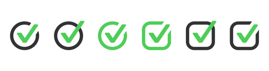 green check mark icon, check box icon set. circle and square. tick box symbol in green with correct,