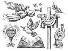 Hand Drawn Collection Of Religious Illustrations In Vintage Engraving Style. Faith In God, Concept Sketch