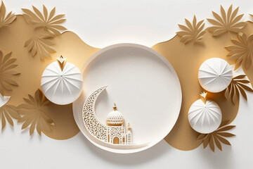 Wall Mural - Ramadan kareem Greeting background template with mosque, crescent moon and copy space. generative ai