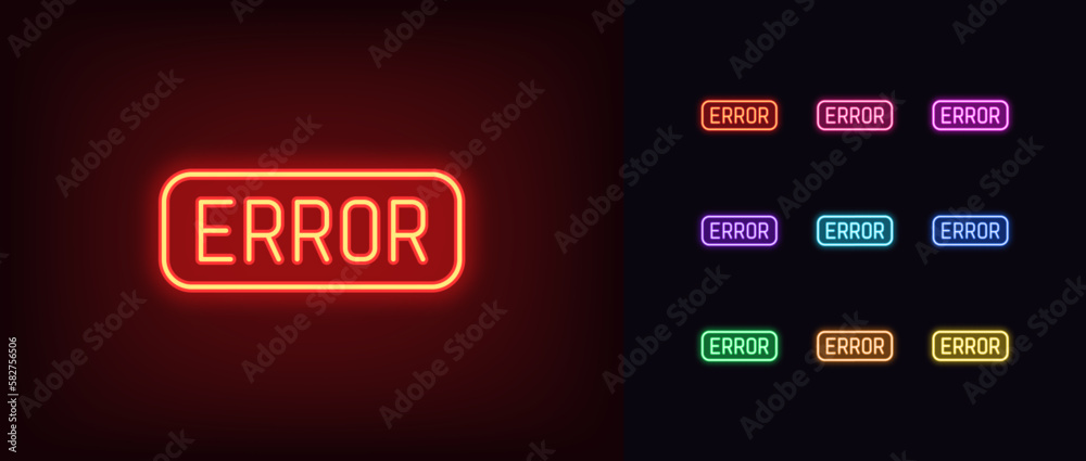 Vector de Stock Outline neon Error icon set. Glowing neon text Error ...