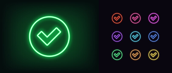 Poster - outline neon check tick icon set. glowing neon checkmark sign, tick approve pictogram. correct and t