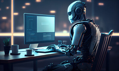 Poster - Robot assistant sitting at desk using computer, Business concept, generative AI